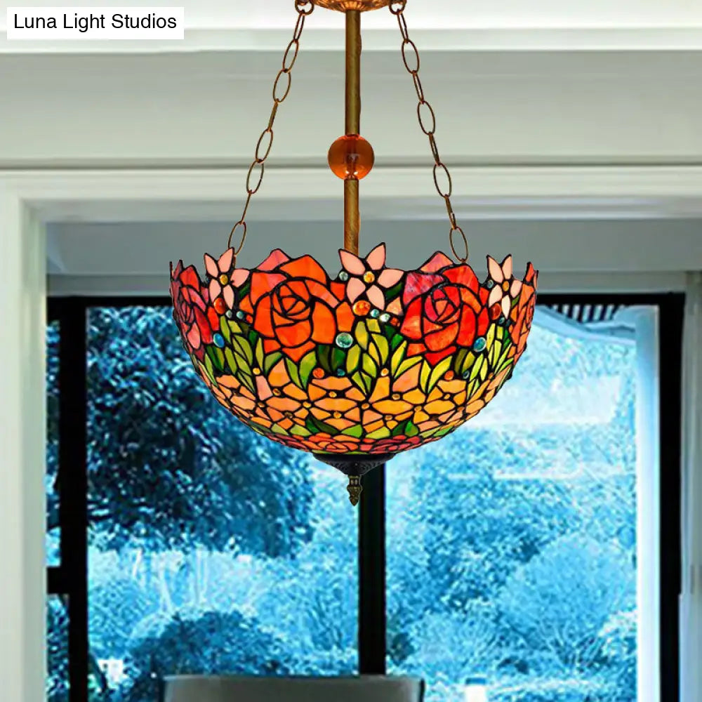 Rustic Blossom Stained Glass Ceiling Lamp in Orange-Red by Tiffany