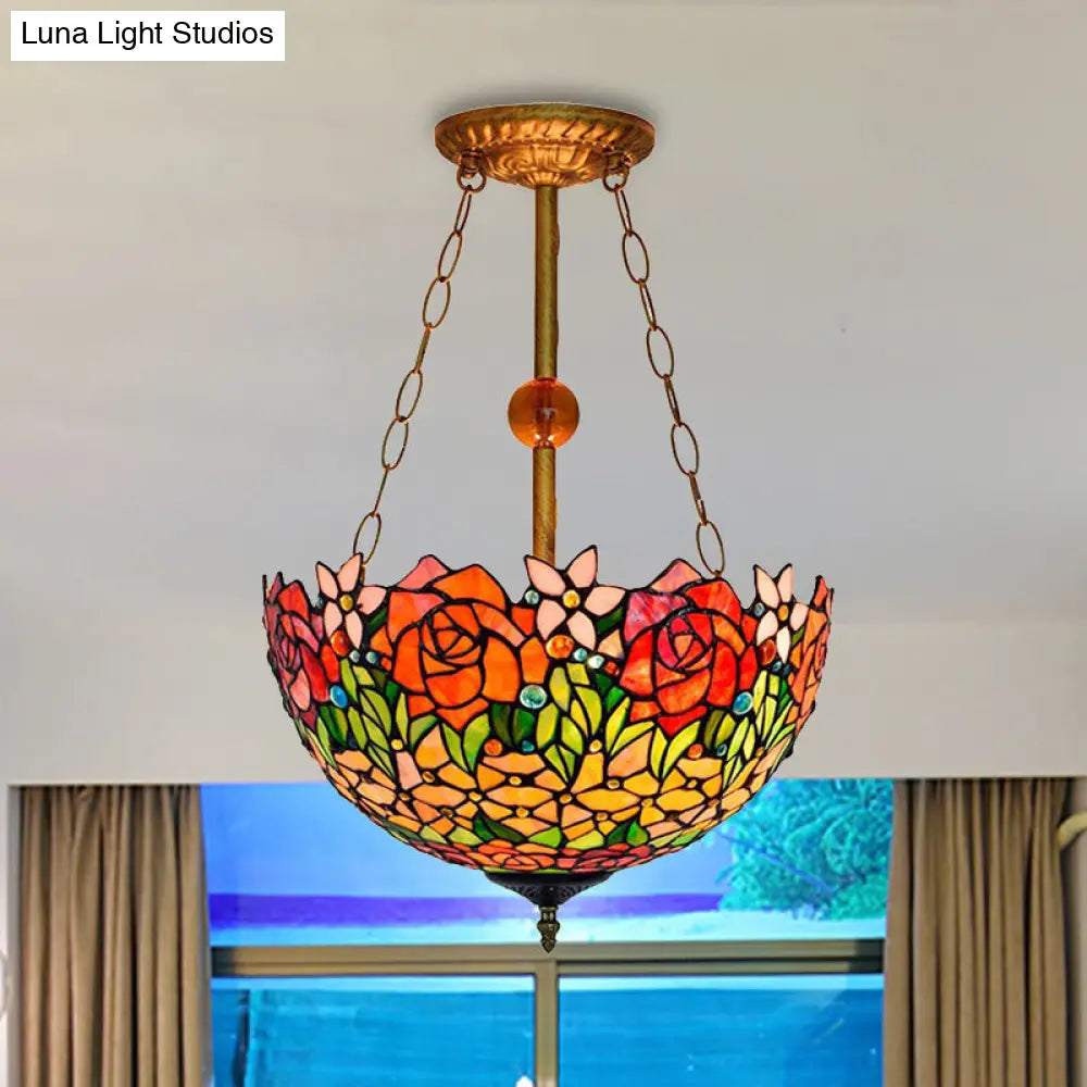 Rustic Blossom Stained Glass Ceiling Lamp in Orange-Red by Tiffany