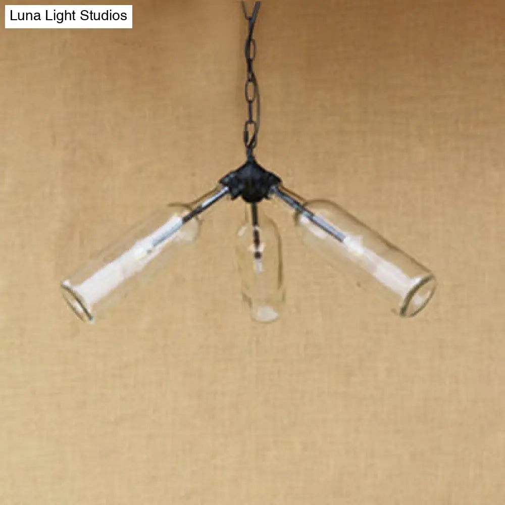 Rustic Blue/Clear Glass Pendant Light Fixture with Chain - Stylish 3 Bulbs Bottle Chandelier Lamp for Restaurants