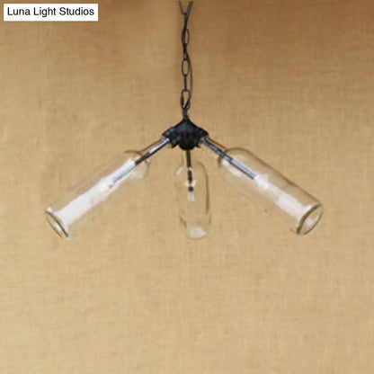 Rustic Blue/Clear Glass Pendant Light Fixture with Chain - Stylish 3 Bulbs Bottle Chandelier Lamp for Restaurants