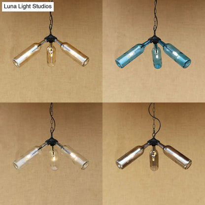 Rustic Blue/Clear Glass Pendant Light Fixture with Chain - Stylish 3 Bulbs Bottle Chandelier Lamp for Restaurants