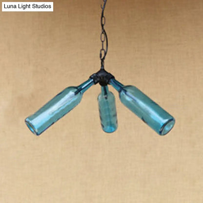 Rustic Blue/Clear Glass Pendant Light Fixture with Chain - Stylish 3 Bulbs Bottle Chandelier Lamp for Restaurants