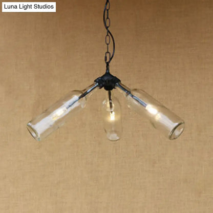 Rustic Blue/Clear Glass Pendant Light Fixture with Chain - Stylish 3 Bulbs Bottle Chandelier Lamp for Restaurants