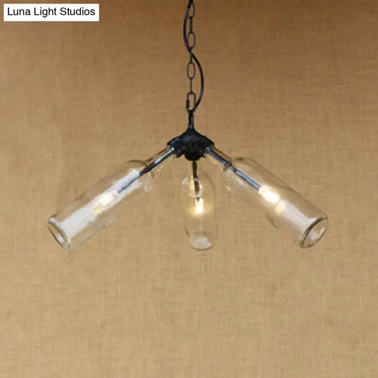 Rustic Blue/Clear Glass Pendant Light Fixture with Chain - Stylish 3 Bulbs Bottle Chandelier Lamp for Restaurants
