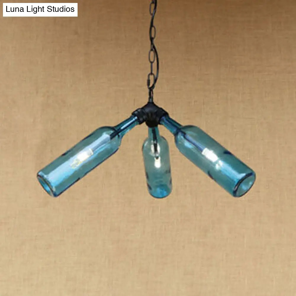 Rustic Blue/Clear Glass Pendant Light Fixture with Chain - Stylish 3 Bulbs Bottle Chandelier Lamp for Restaurants