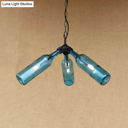 Rustic Blue/Clear Glass Pendant Light Fixture with Chain - Stylish 3 Bulbs Bottle Chandelier Lamp for Restaurants