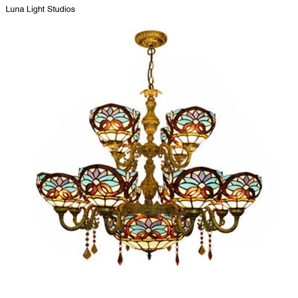 Rustic Blue Stained Glass Chandelier - Inverted Bowl Design with 15 Heads for Living Room