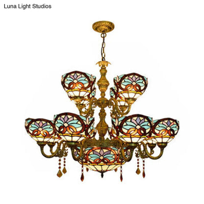 Rustic Blue Stained Glass Chandelier - Inverted Bowl Design with 15 Heads for Living Room