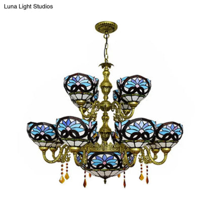 Rustic Blue Stained Glass Chandelier - Inverted Bowl Design with 15 Heads for Living Room