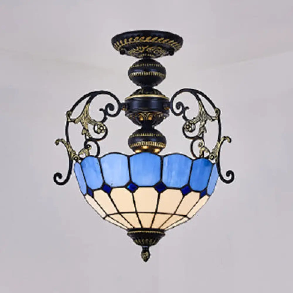 Rustic Bowl Ceiling Light Fixture - Stained Glass Semi Flush Light with Square/Blue and Diamond Designs - Black/White Finish