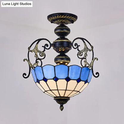 Rustic Bowl Ceiling Light Fixture - Stained Glass Semi Flush Light with Square/Blue and Diamond Designs - Black/White Finish