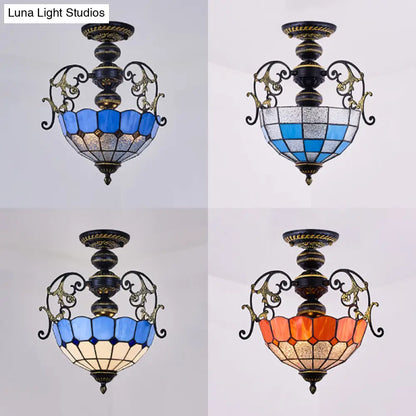 Rustic Bowl Ceiling Light Fixture - Stained Glass Semi Flush Light with Square/Blue and Diamond Designs - Black/White Finish