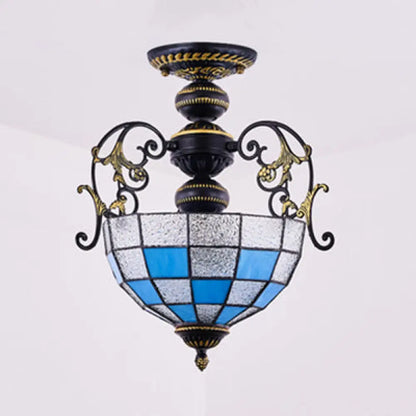 Rustic Bowl Ceiling Light Fixture - Stained Glass Semi Flush Light with Square/Blue and Diamond Designs - Black/White Finish