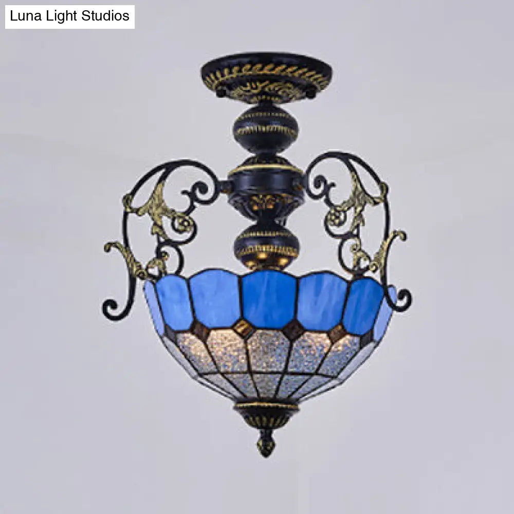 Rustic Bowl Ceiling Light Fixture - Stained Glass Semi Flush Light with Square/Blue and Diamond Designs - Black/White Finish