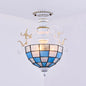 Rustic Bowl Ceiling Light Fixture - Stained Glass Semi Flush Light with Square/Blue and Diamond Designs - Black/White Finish