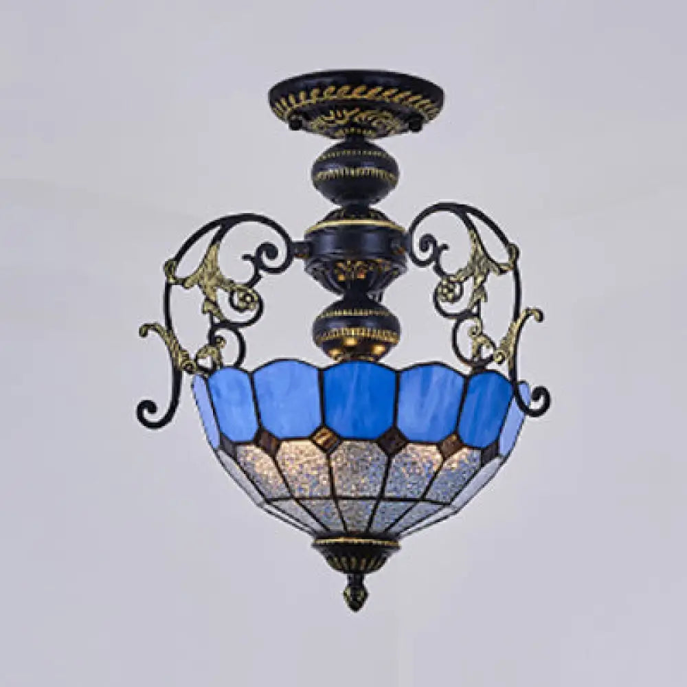 Rustic Bowl Ceiling Light Fixture - Stained Glass Semi Flush Light with Square/Blue and Diamond Designs - Black/White Finish