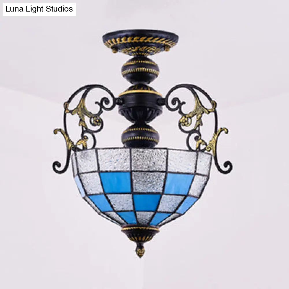 Rustic Bowl Ceiling Light Fixture - Stained Glass Semi Flush Light with Square/Blue and Diamond Designs - Black/White Finish