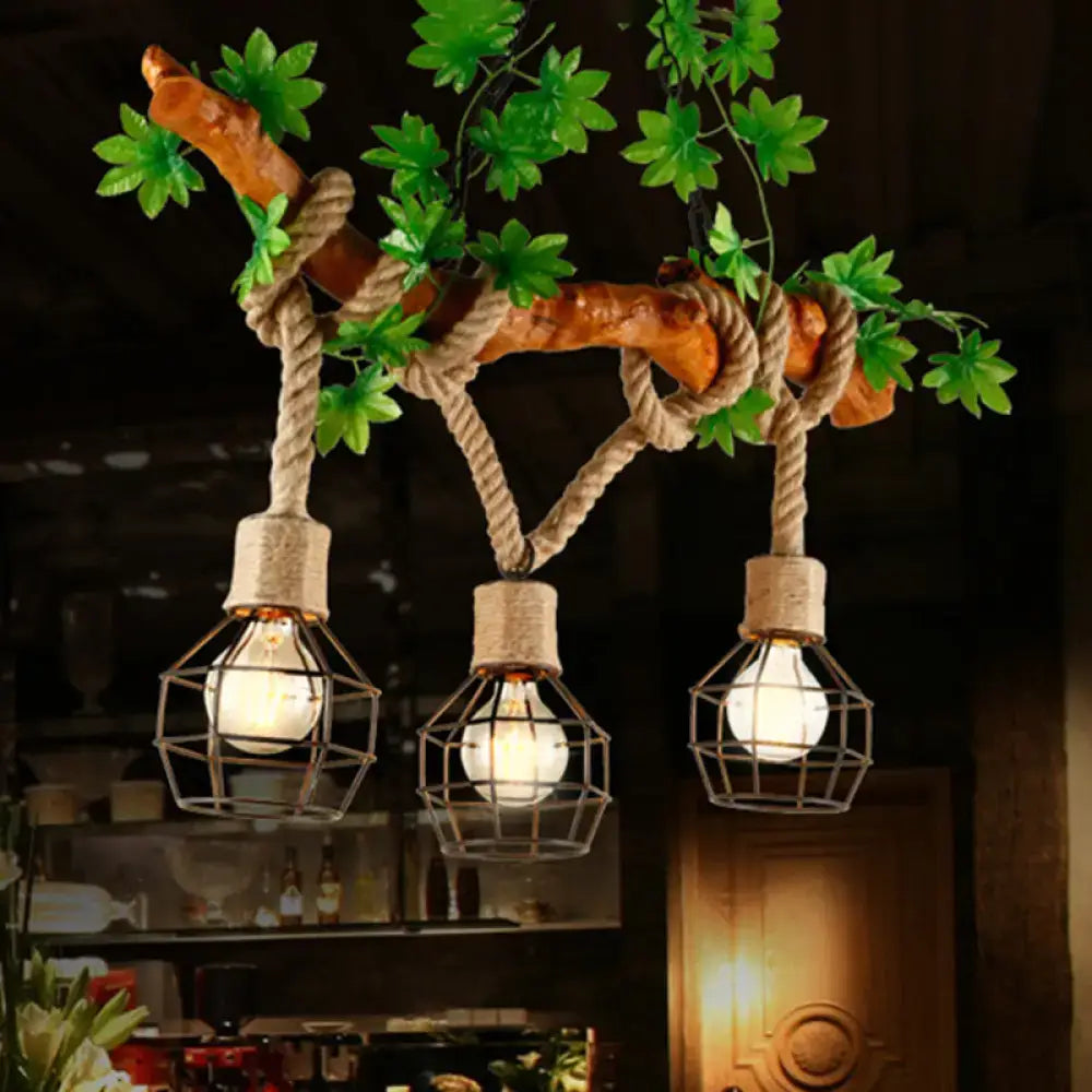 DecorBites industrial beige metal and rope pendant light fixture with rustic wooden branch chandelier and chain cord length