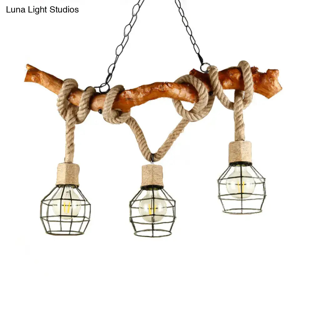 DecorBites™ industrial beige metal and rope pendant light fixture with chain cord length and three wire cage bulbs