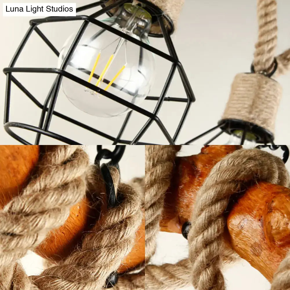 DecorBites industrial beige metal and rope pendant light fixture with black cage and adjustable chain cord length