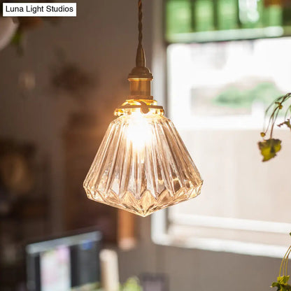 Rustic Brass 1-Light Pendant with Clear Glass Shade - Hanging Cone Drop Lamp