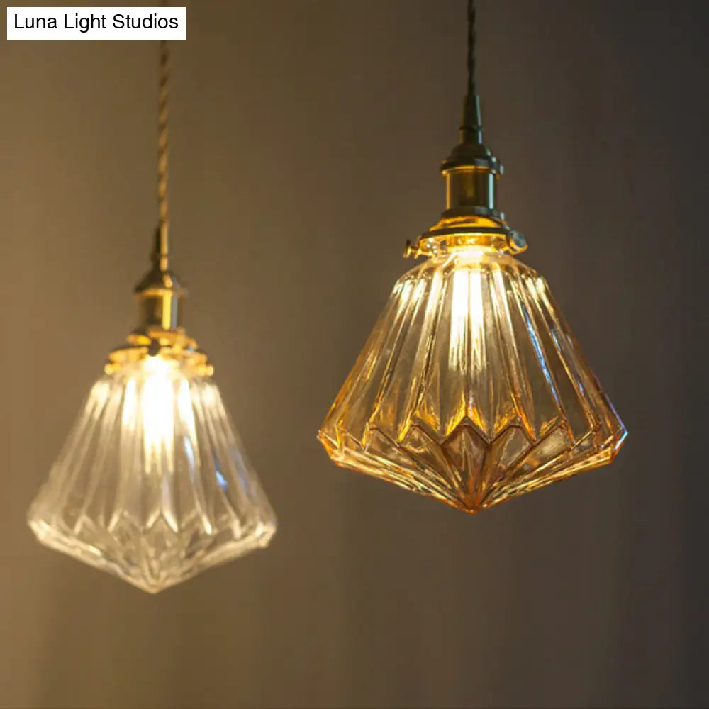 Rustic Brass 1-Light Pendant with Clear Glass Shade - Hanging Cone Drop Lamp