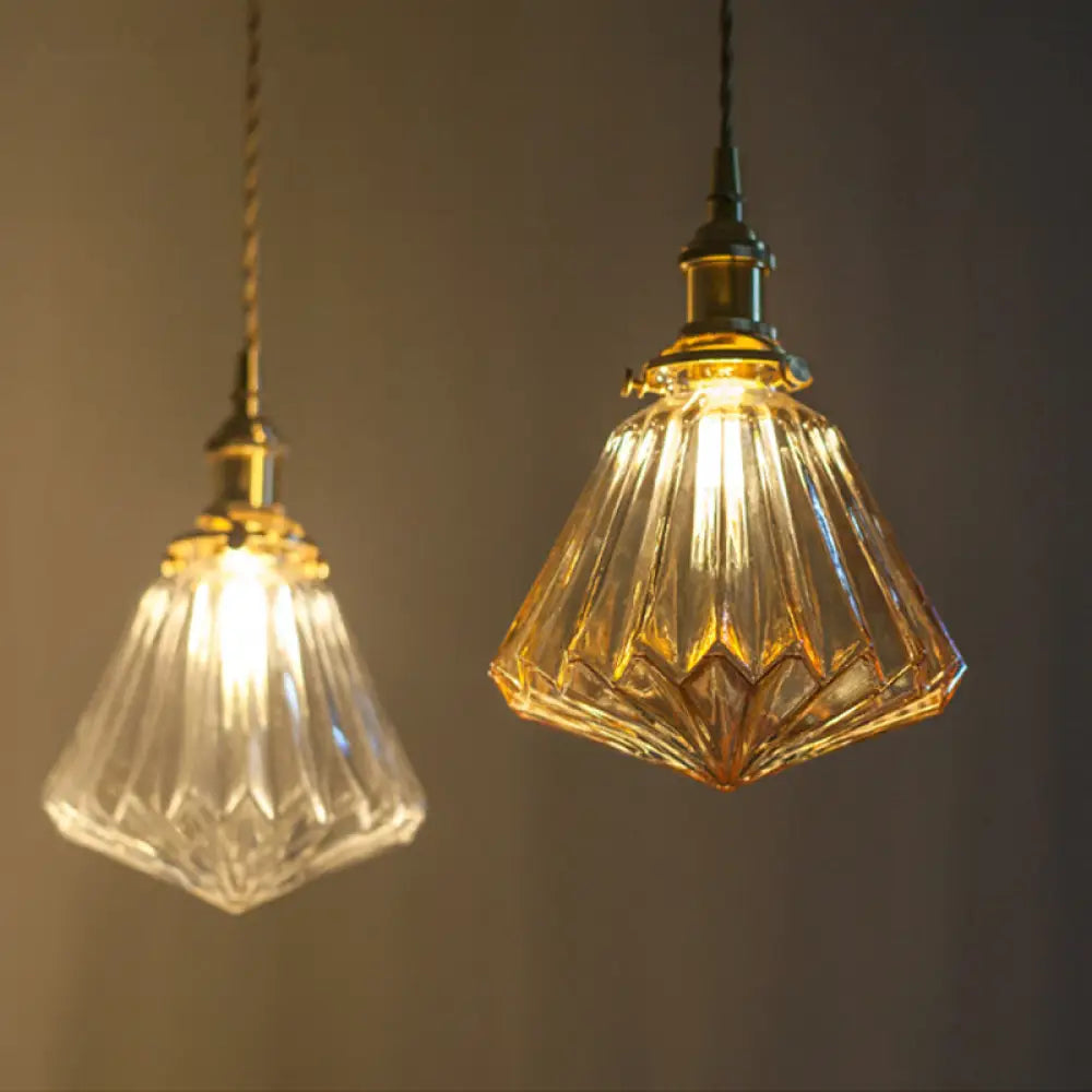 Rustic Brass 1-Light Pendant with Clear Glass Shade - Hanging Cone Drop Lamp