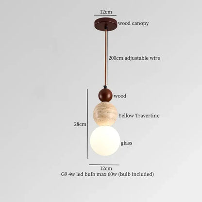 Rustic brass and ceramic glass ball led pendant light with dark wood canopy, bronze wire, and yellow travertine spheres