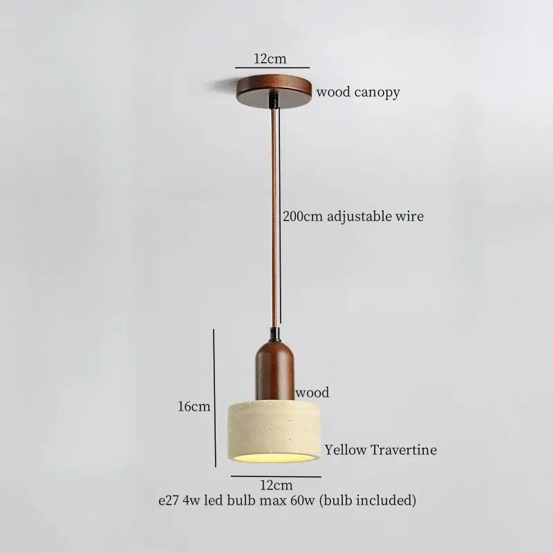 Rustic pendant light with warm wood canopy, adjustable bronze wire, and yellow travertine shade for decorbites glass ball led