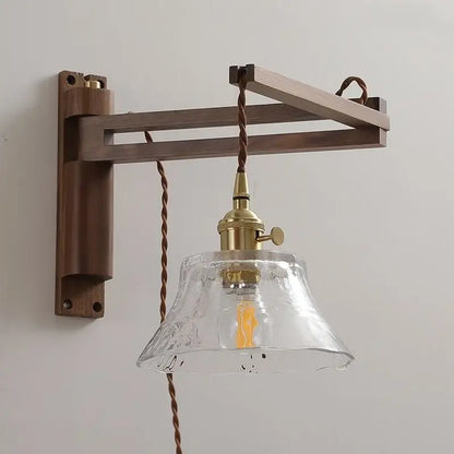 Rustic brass and clear glass wall sconce with dark wood bracket and textured clear glass for decorbites clear glass stair light fixture