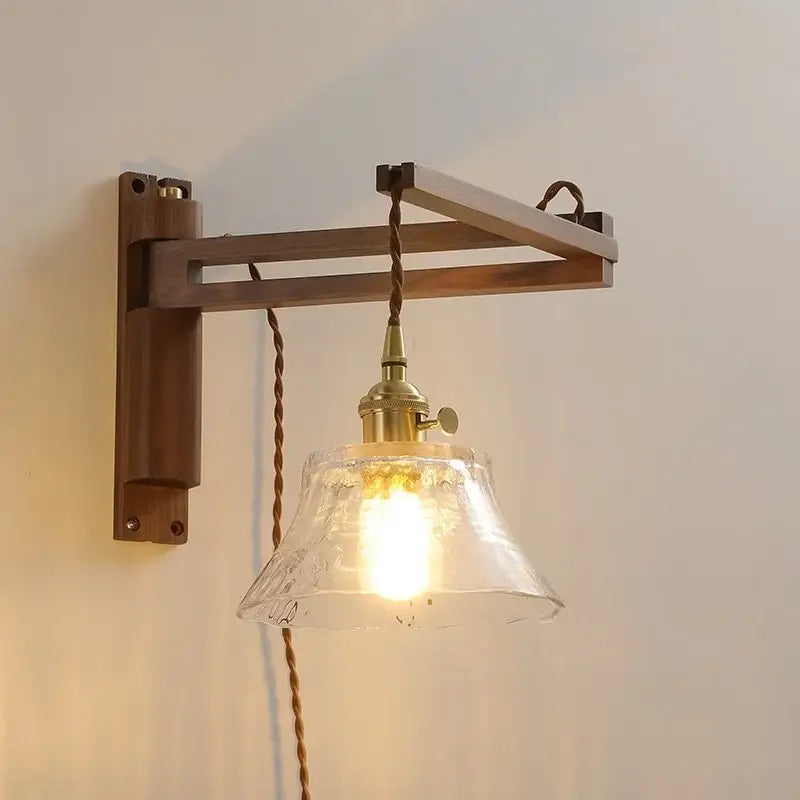Rustic brass wall sconce with clear glass textured shade and wooden arm for decorbites clear glass stair lighting