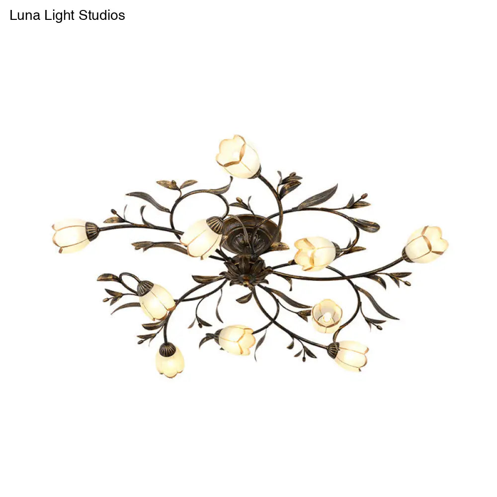 Rustic Brass Blossom Opal Glass Semi-Flush Mount Ceiling Light for Dining Room