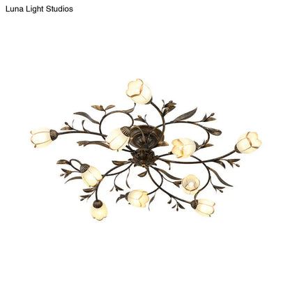 Rustic Brass Blossom Opal Glass Semi-Flush Mount Ceiling Light for Dining Room