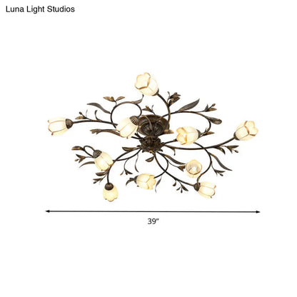 Rustic Brass Blossom Opal Glass Semi-Flush Mount Ceiling Light for Dining Room