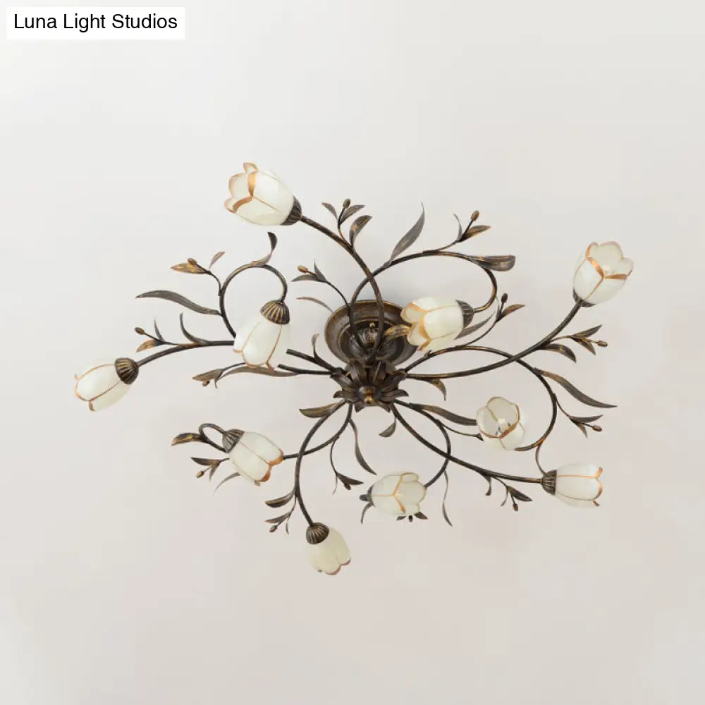 Rustic Brass Blossom Opal Glass Semi-Flush Mount Ceiling Light for Dining Room