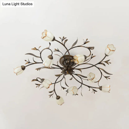 Rustic Brass Blossom Opal Glass Semi-Flush Mount Ceiling Light for Dining Room