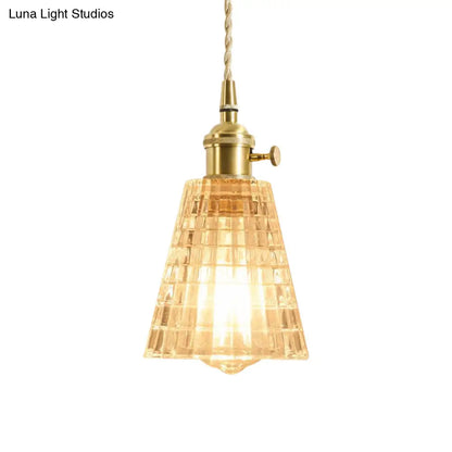 Rustic Brass Floral Hanging Lamp with Clear Ribbed Glass - 1-Light Ceiling Pendant for Table