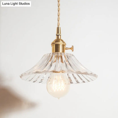 Rustic Brass Floral Hanging Lamp with Clear Ribbed Glass - 1-Light Ceiling Pendant for Table