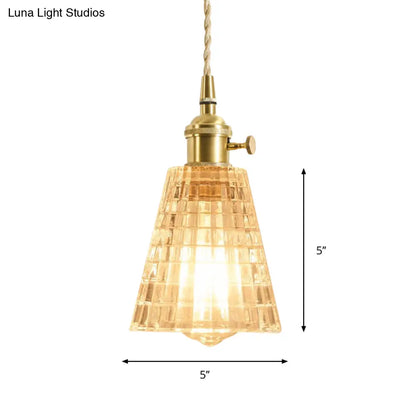 Rustic Brass Floral Hanging Lamp with Clear Ribbed Glass - 1-Light Ceiling Pendant for Table