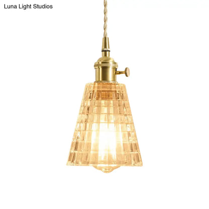 Rustic Brass Floral Hanging Lamp with Clear Ribbed Glass - 1-Light Ceiling Pendant for Table