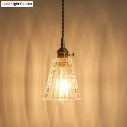 Rustic Brass Floral Hanging Lamp with Clear Ribbed Glass - 1-Light Ceiling Pendant for Table