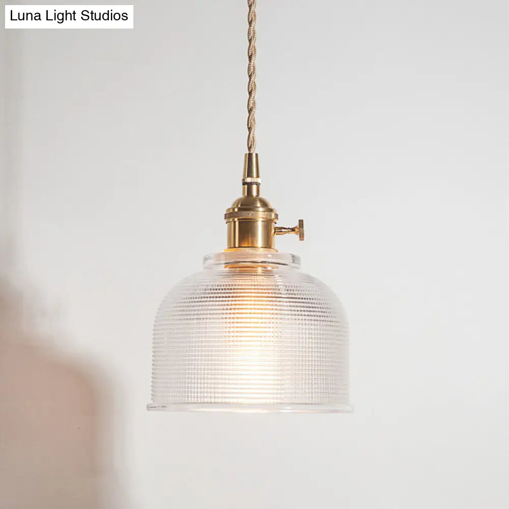 Rustic Brass Floral Hanging Lamp with Clear Ribbed Glass - 1-Light Ceiling Pendant for Table