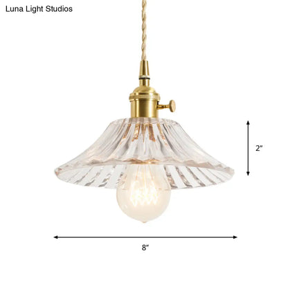 Rustic Brass Floral Hanging Lamp with Clear Ribbed Glass - 1-Light Ceiling Pendant for Table