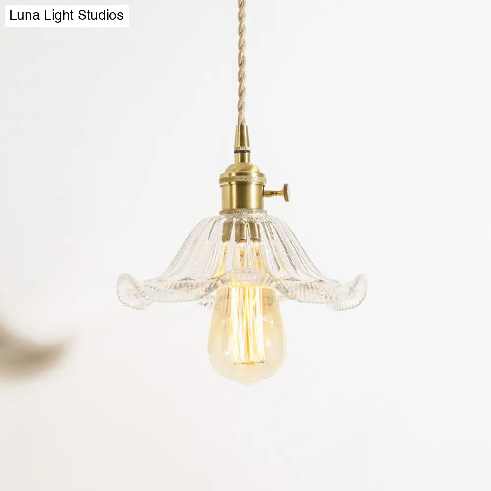 Rustic Brass Floral Hanging Lamp with Clear Ribbed Glass - 1-Light Ceiling Pendant for Table