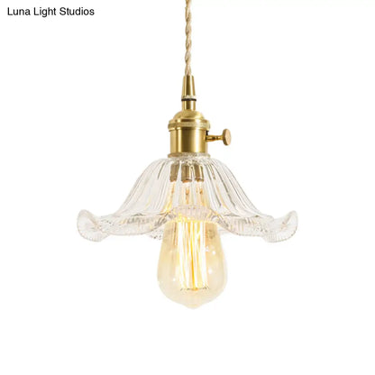 Rustic Brass Floral Hanging Lamp with Clear Ribbed Glass - 1-Light Ceiling Pendant for Table