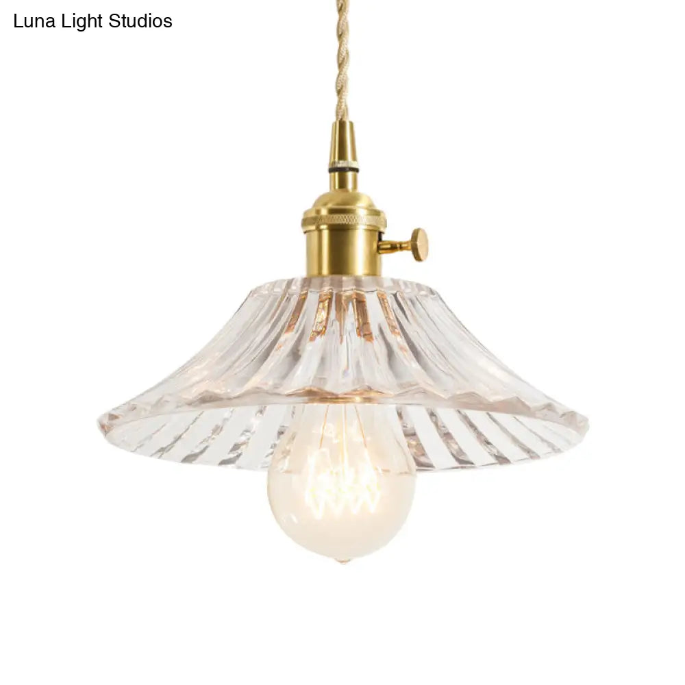 Rustic Brass Floral Hanging Lamp with Clear Ribbed Glass - 1-Light Ceiling Pendant for Table