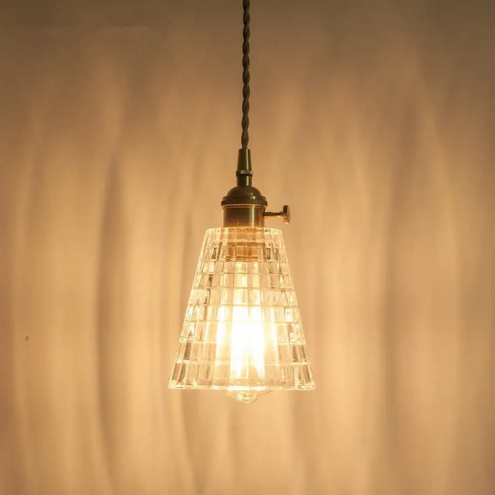 Rustic Brass Floral Hanging Lamp with Clear Ribbed Glass - 1-Light Ceiling Pendant for Table