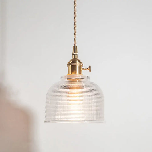 Rustic Brass Floral Hanging Lamp with Clear Ribbed Glass - 1-Light Ceiling Pendant for Table