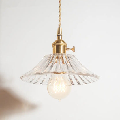 Rustic Brass Floral Hanging Lamp with Clear Ribbed Glass - 1-Light Ceiling Pendant for Table