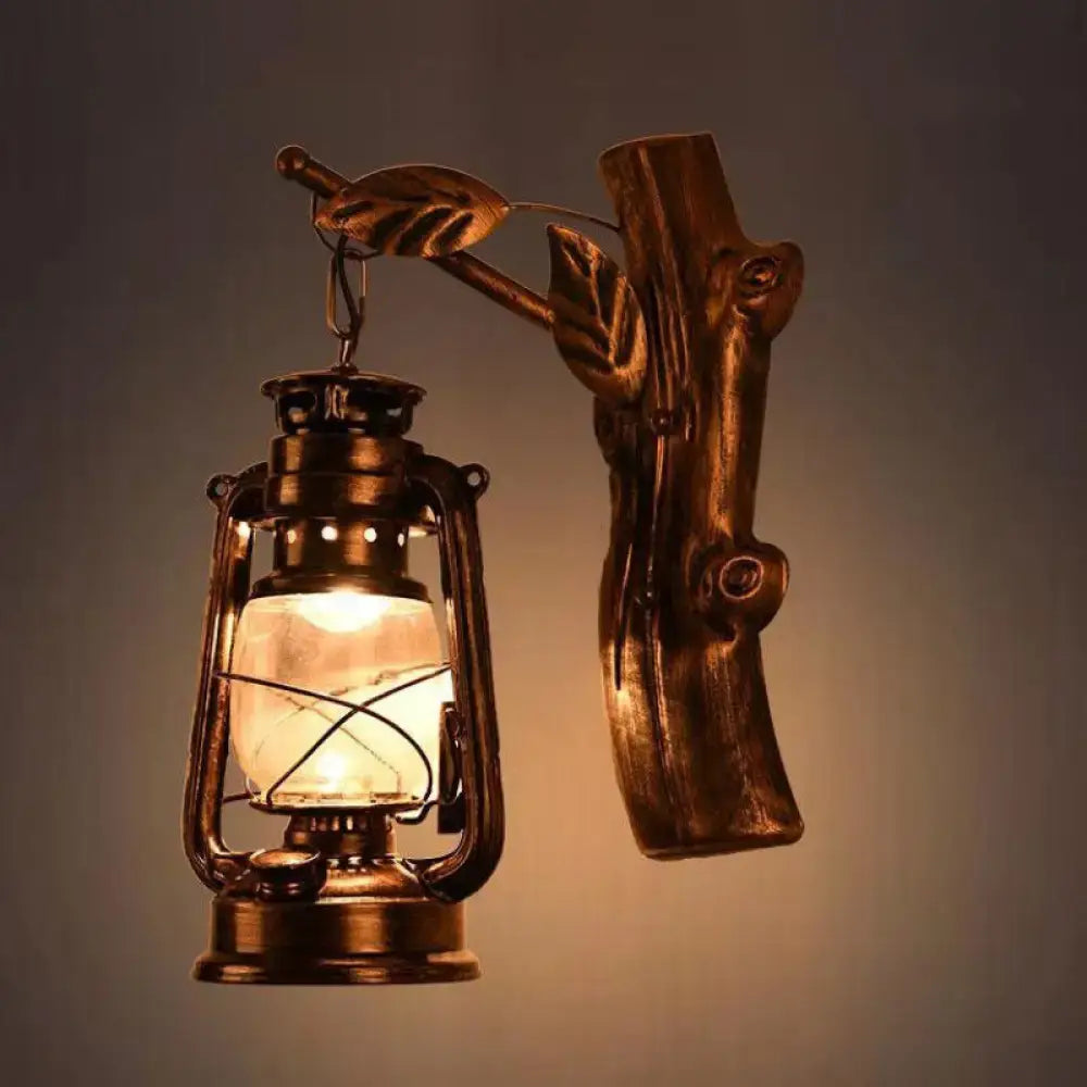 DecorBites rustic black oil lantern wall sconce with clear glass globe and leaf-adorned wooden arm for corridor lighting